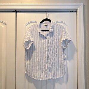 Women’s blue and white striped short sleeve button up